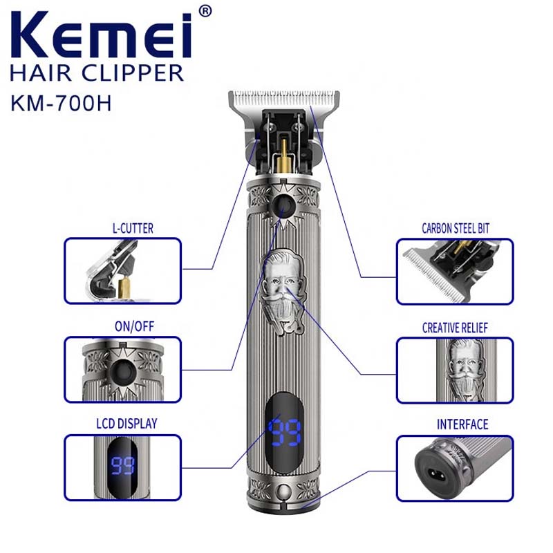 KM-700H Professional Cordless Hair Clipper. LCD display, 1500mAh USB rechargeable, adjustable blades & metal body for barbers. Image