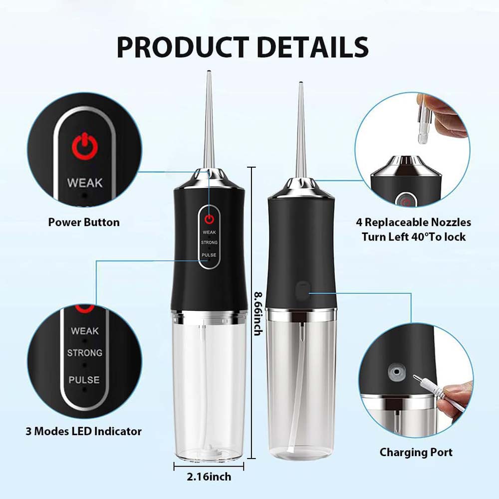 Cordless Electric Water Flosser 3-mode portable oral irrigator with 4 jet tips for teeth, braces & tonsil stones. Rechargeable. Image
