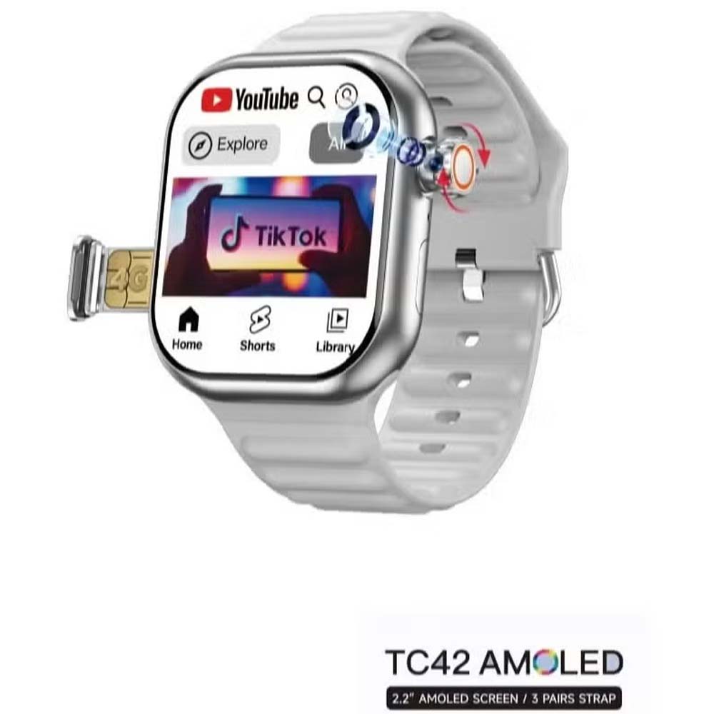 TC42 AMOLED 4G Smartwatch. 2.2" display, 8MP camera, SIM card slot. Unisex design with 3 straps in silver. Image