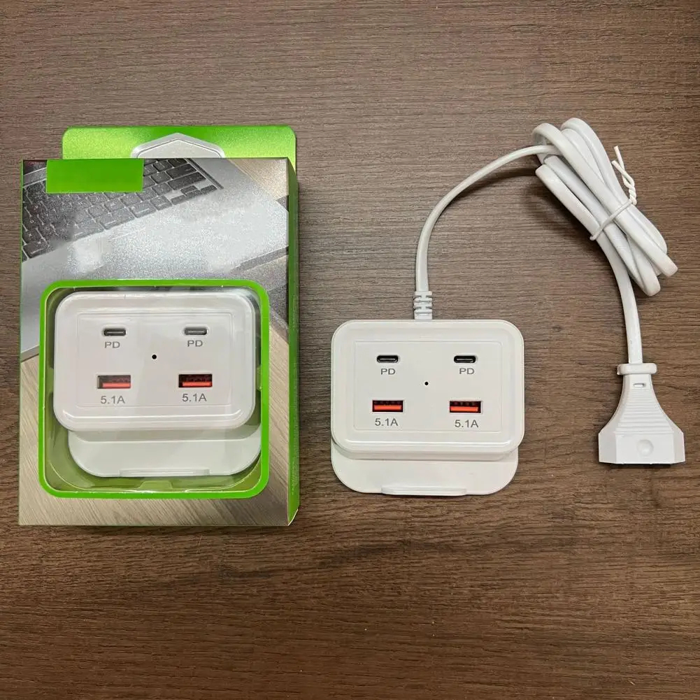 Intelligent USB Power Strip Plug with Dual PD & Dual USB Ports - 5.1A Multi-Port Fast Charging Power Supply | US/EU Plug, 4 USB Output Ports for Safe Charging | 100cm Wear-Resistant Extension Cable competible for iPhone, Android & Other Digital Devices Image