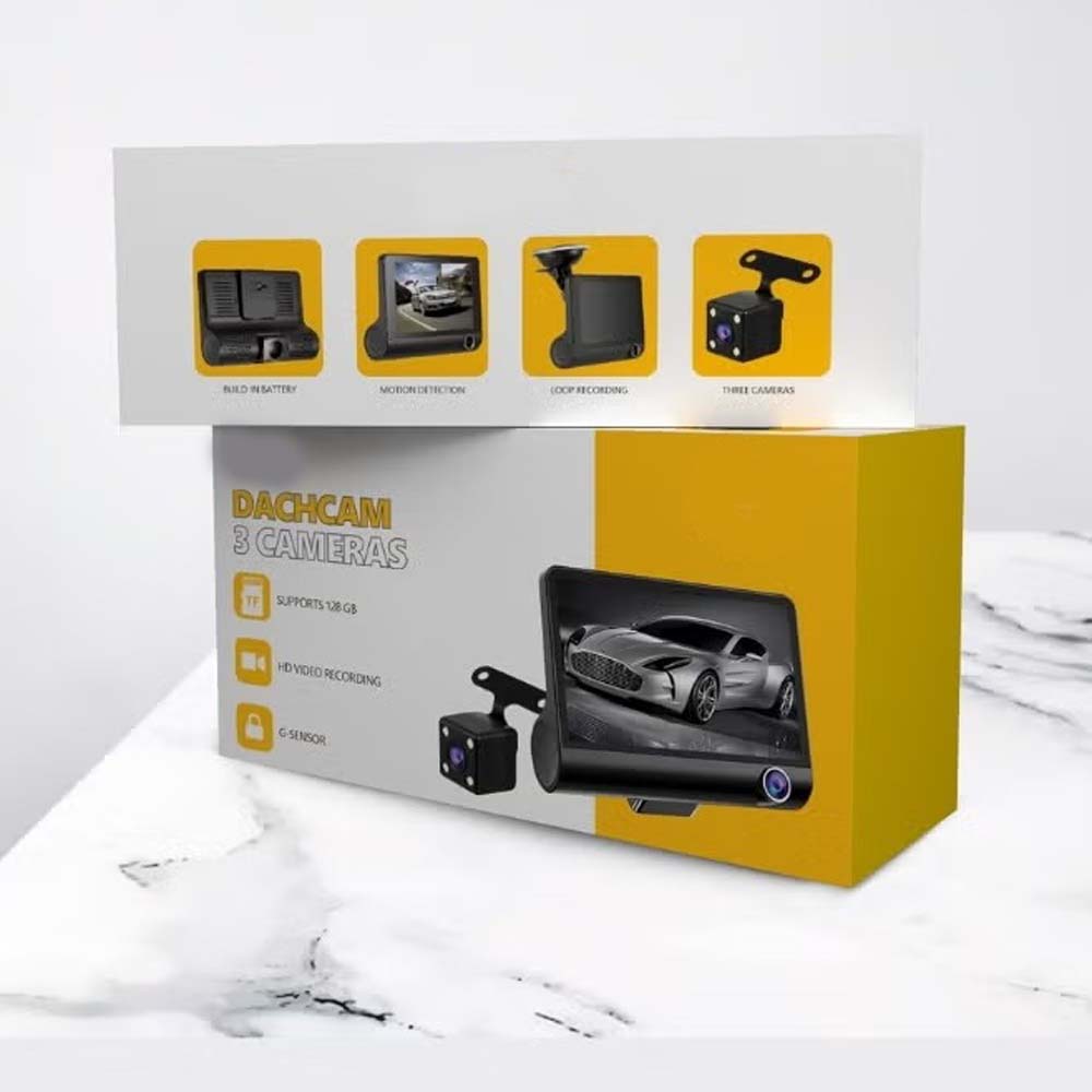 DX3618 3-Channel Car Dashcam. 4" HD display with front, rear & inside cameras. Loop recording, night vision & G-sensor. Image