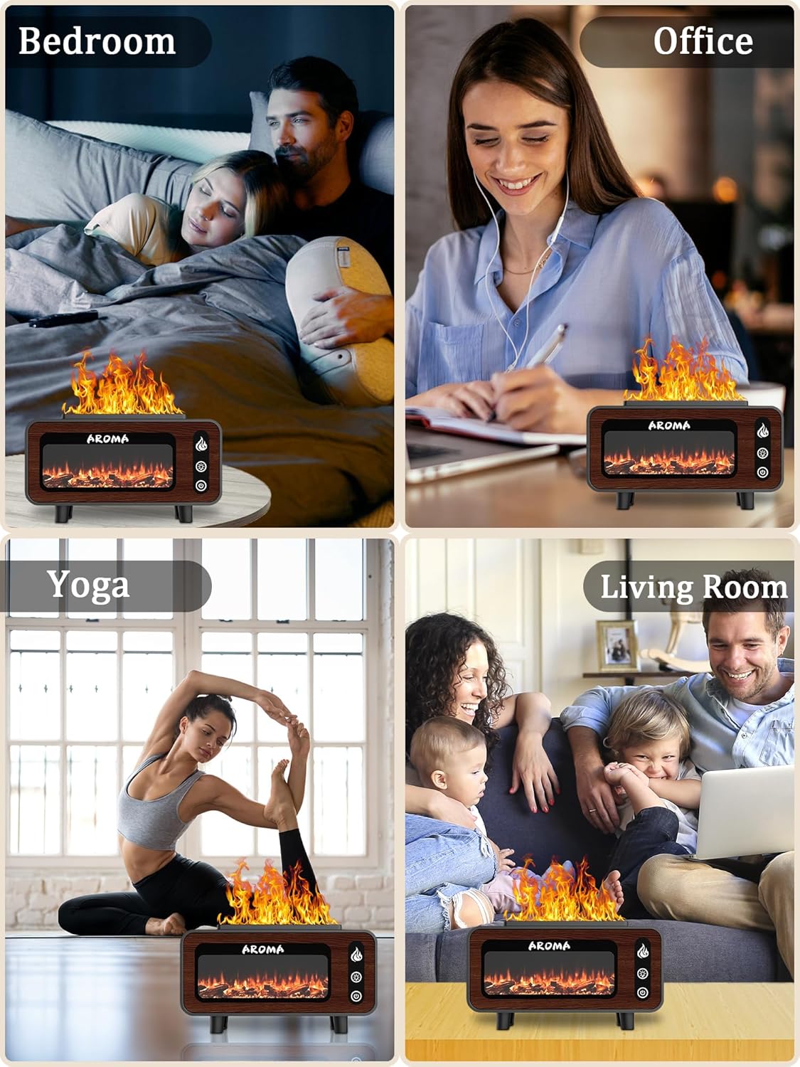 Wood Grain Fireplace Diffuser | 7-Color Flame Humidifier | Silent Auto Shut-Off Aroma Diffuser | Simulated Fire Light for Living Room, Bedroom Image