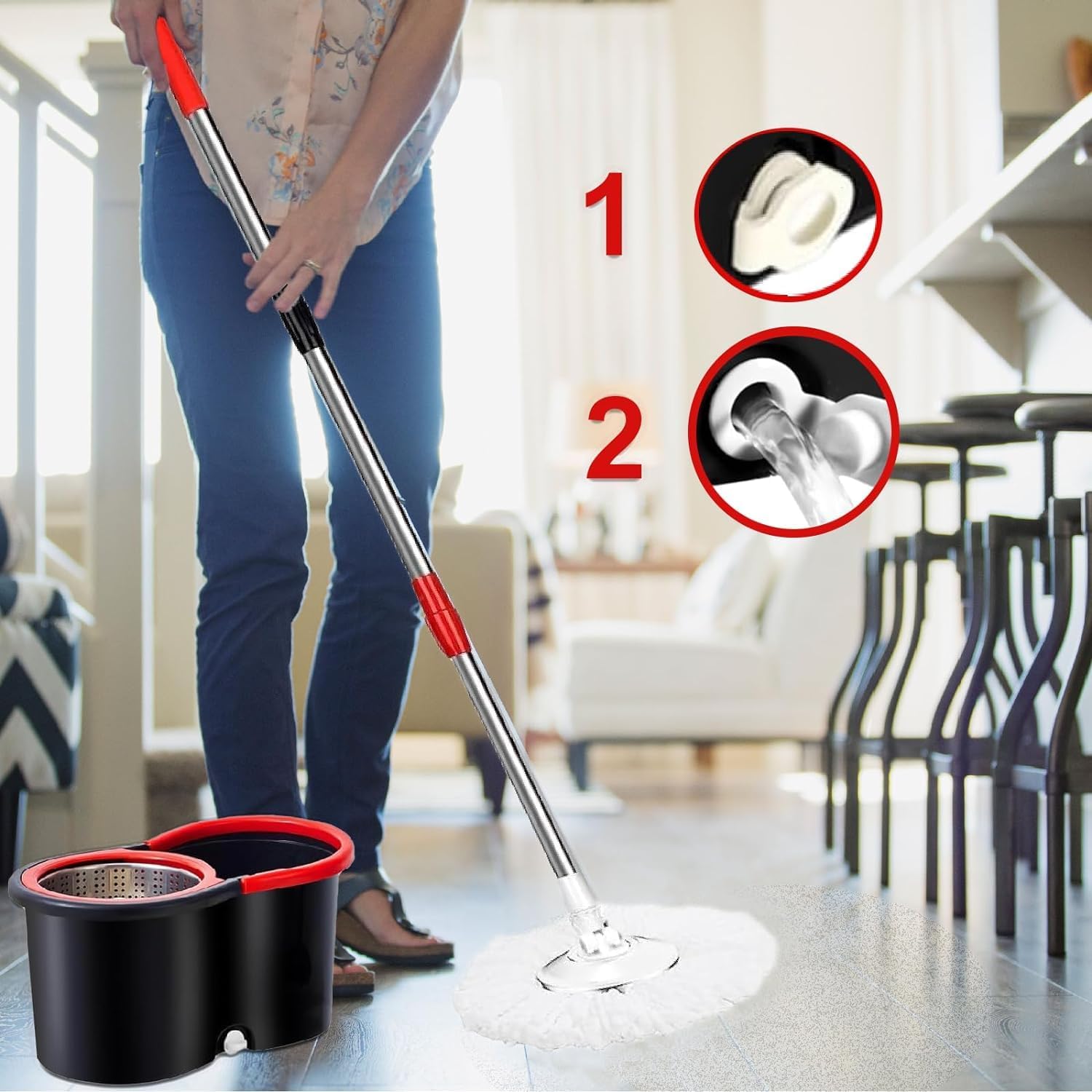 Easy Spin Mop and Bucket Set with 360° Rotation | Stainless Steel Handle & Wring Dryer Basket | Includes 2 Microfiber Mop Heads for Floor Cleaning | Ideal for Hardwood, Ceramic Tile, Marble, Laminate, and Glass Image