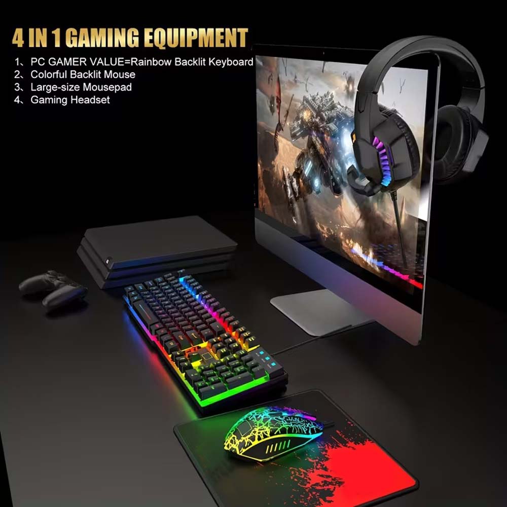 4-in-1 Gaming Combo: Wired Keyboard, Mouse, Headset & Mouse Pad. Rainbow LED backlit for PC, PS4, Xbox. Complete gaming setup. Image