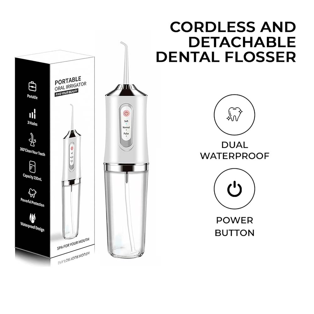 Cordless Electric Water Flosser 3-mode portable oral irrigator with 4 jet tips for teeth, braces & tonsil stones. Rechargeable. Image