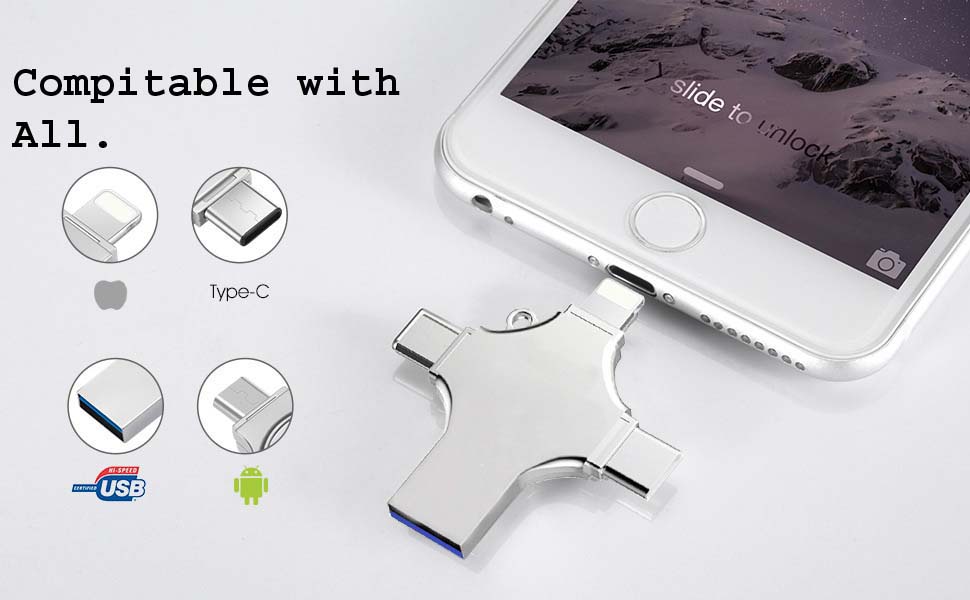 128 GB 4-in-1 USB 3.0 - Compatible with iPhone, Android, iPad, Mac, PC, Galaxy S, Windows | Fast USB A, USB C, Micro USB & iPhone Connector | High-Speed Thumb Drive, Jump Drive, Memory Stick, Portable Hard Drive Image