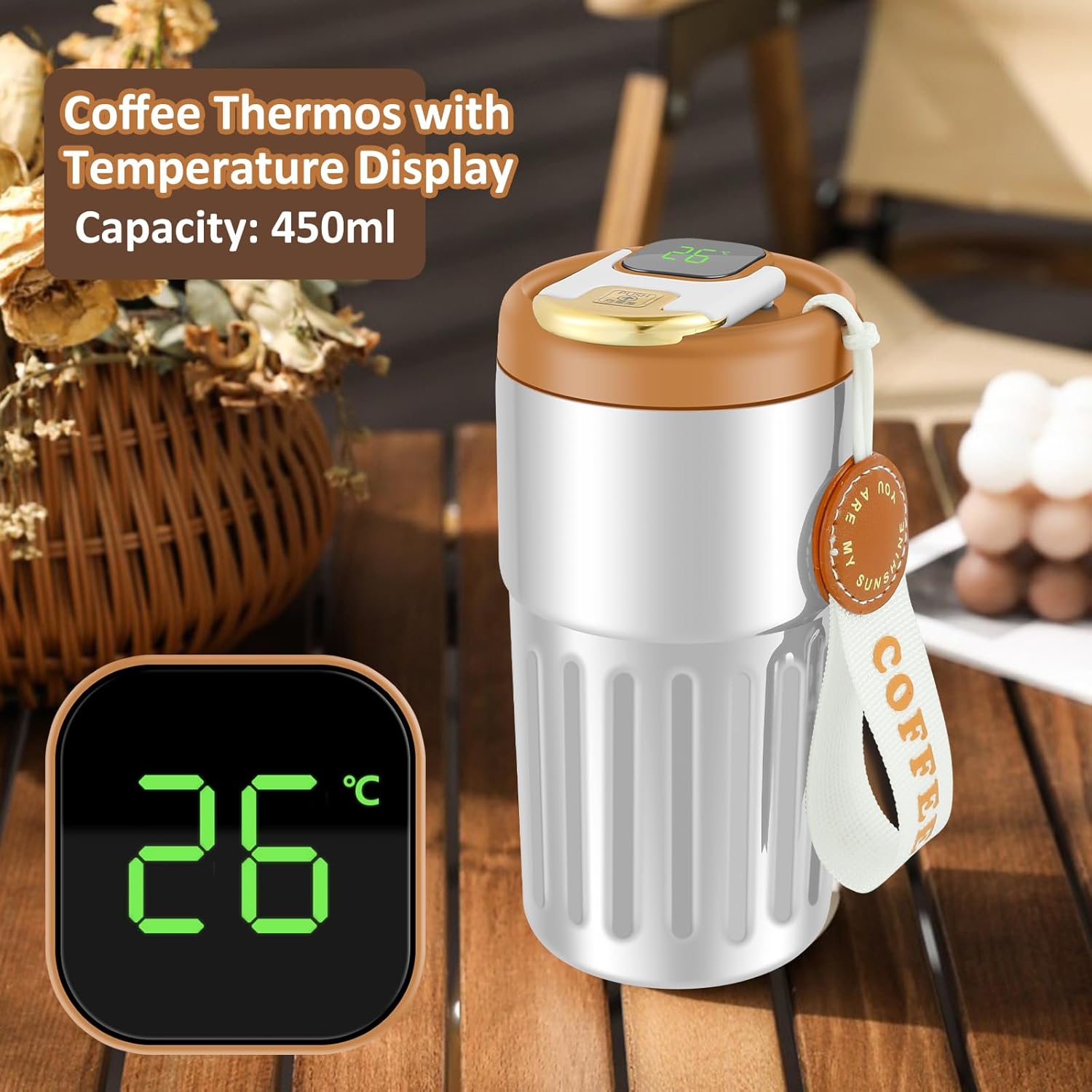 450ml Insulated Travel Coffee Mug with Temperature Display | Double-Walled Stainless Steel Thermos for Hot & Cold Drinks | Portable Leakproof Vacuum Bottle for Office & Travel, Durable Thermal Mug Flask with Smart Lid Display - Keeps Beverages at Optimal Temperature for Hours | Perfect for Coffee, Tea, & More Image