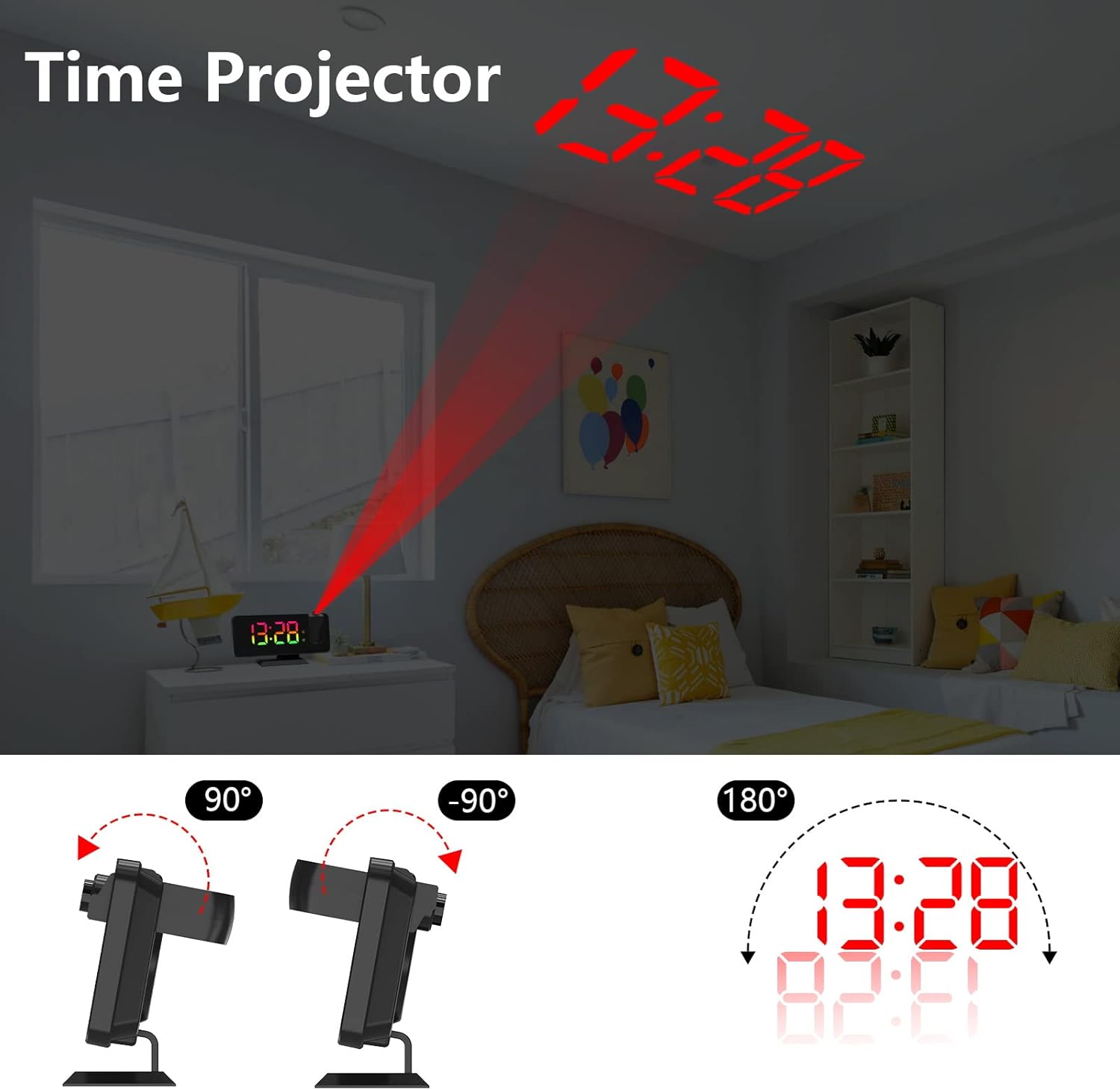 Projection Alarm Clock - 180° Rotatable Ceiling Projector, RGB LED Display, Dual Alarm & 5-Level Dimmer (Black) Image