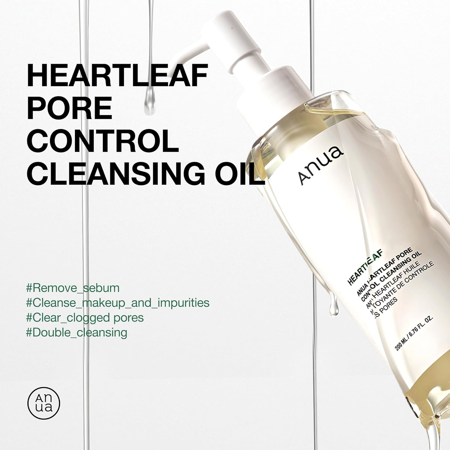 ANUA Heartleaf Pore Control Cleansing Oil. Gentle Korean oil cleanser to dissolve makeup, sunscreen & blackheads. 200ml. Image