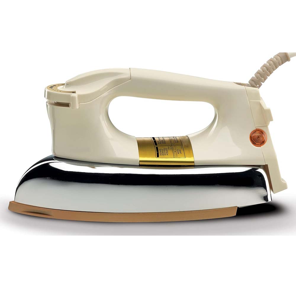 OE-21 Dry Iron with Teflon Coating. Suitable for all fabrics, ensuring smooth, scratch-free ironing. White and golden design. Image