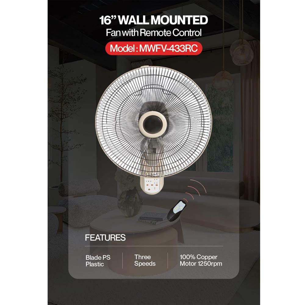 MWFV-433RC 16" Wall Mount Fan - Remote Control, 3-Speed, Adjustable Tilt, Quiet Operation for Home & Office Image
