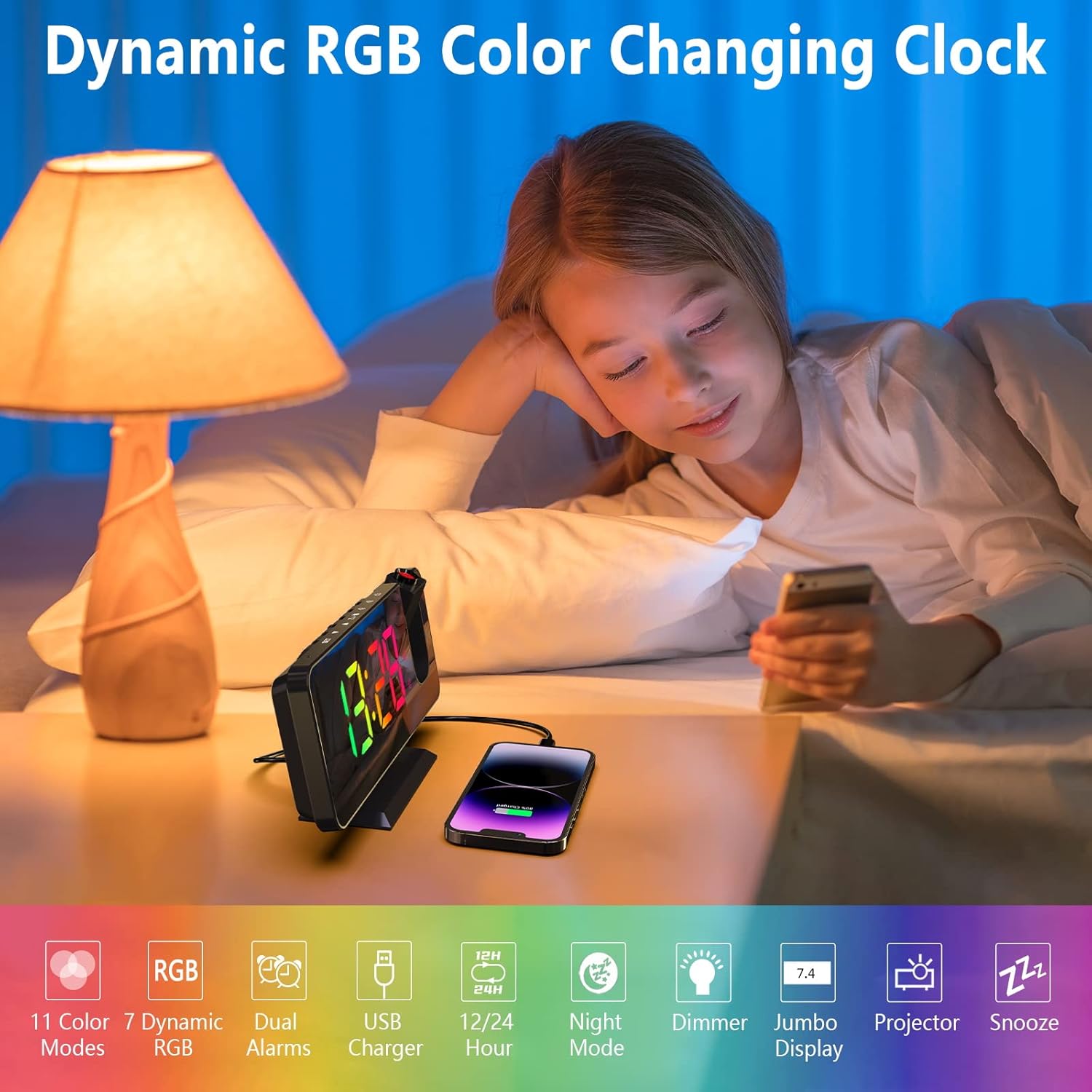 Projection Alarm Clock - 180° Rotatable Ceiling Projector, RGB LED Display, Dual Alarm & 5-Level Dimmer (Black) Image