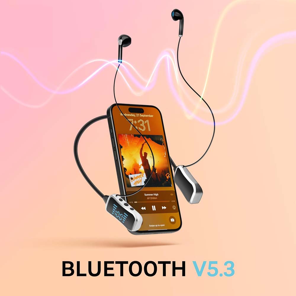 GHF-01 Wireless Neckband Headphones. 60hr playback, LED screen, deep bass, SD card mode & rainproof. Type-C charging. Image