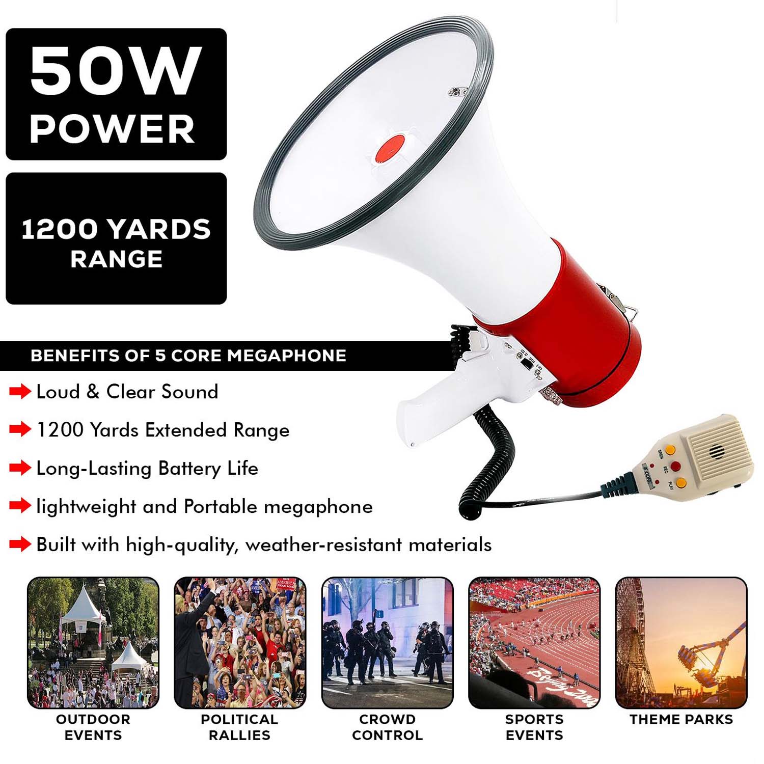 Portable Handheld Megaphone 50W high-power speaker with built-in siren & recording function for clear, long-range communication. Image