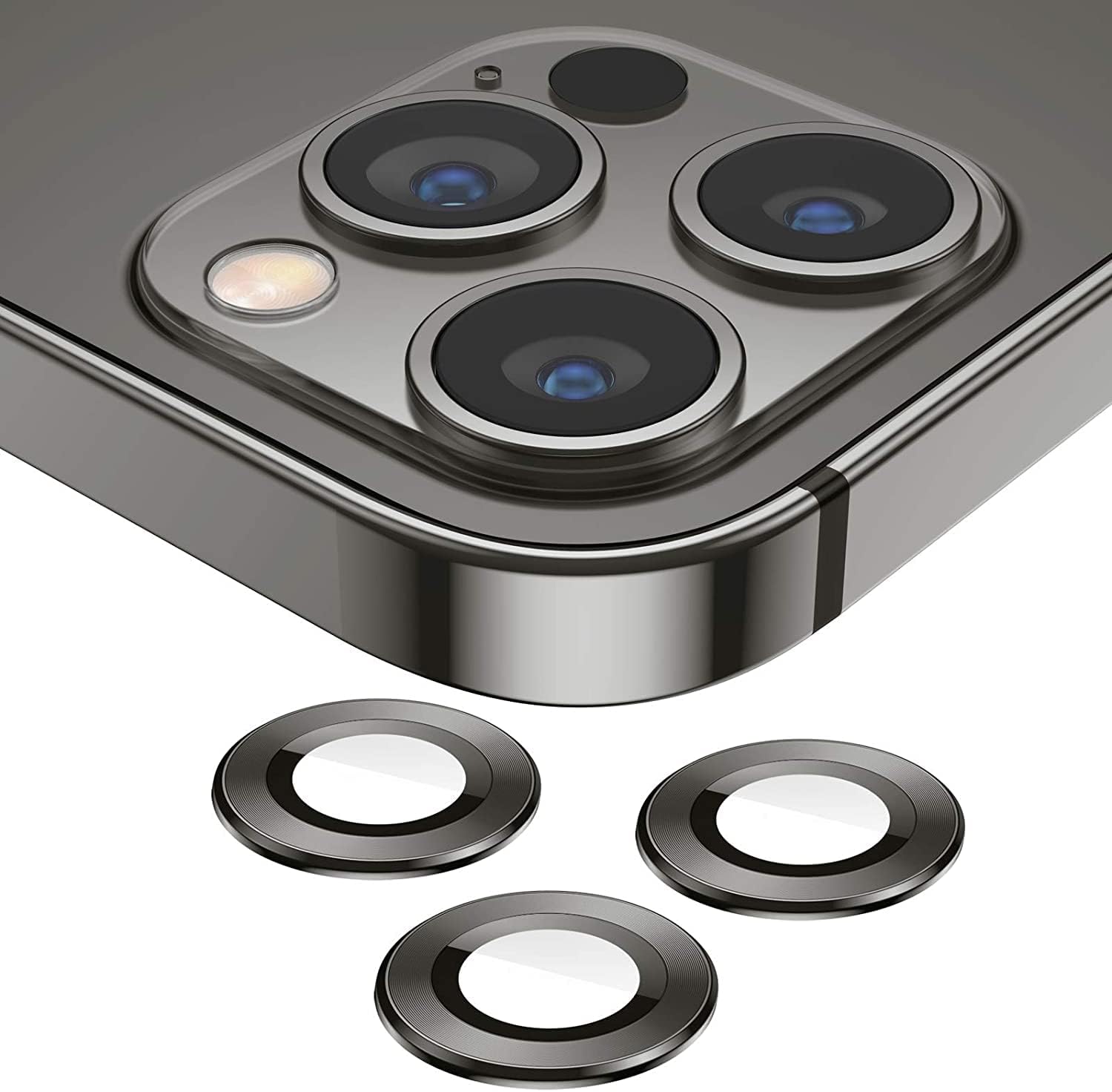 Camera Lens Protector for iPhone 13 Pro (6.1") and iPhone 13 Pro Max (6.7") – 9H Tempered Glass, Metal Individual Ring Cover, HD Clear, 1 Set Image