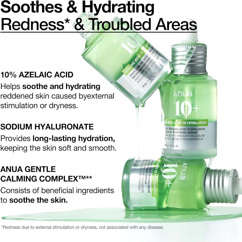 Anua Azelaic Acid 10 Soothing Serum with Hyaluronic Acid & Niacinamide for redness-prone, sensitive skin. Vegan Korean skincare. Image