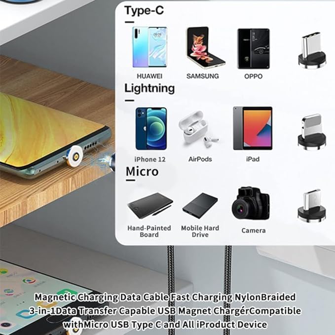 3-in-1 Magnetic Charging Cable | 3A Fast Charge | Compatible with Micro USB, Type C, and All iProduct Devices Image