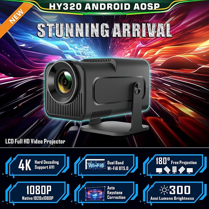 Android 11 Projector | 390 ANSI Lumens | HY320 4K Native 1080p with Dual WiFi6 & BT5.0 | Portable Outdoor Cinema Projector Upgrade to HY300 Image