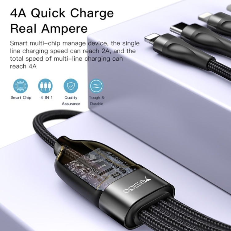 CA110 4-in-1 Type-C Data Cable – Multi-Device Charging Cable with 2 Type-C and 2 Lightning Connectors, 120cm Nylon Braided Fast Charger with Intelligent Constant Temperature Control, 20W 4A Output Image