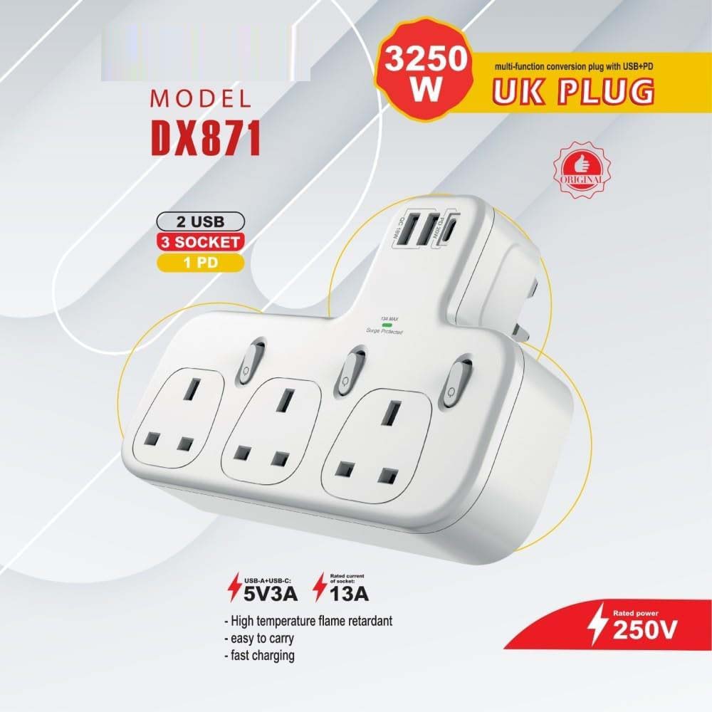 Dx871 Power Strip with 3 AC outlets, 2 USB ports & 1 PD port for fast charging. Compact modern design in white. Image