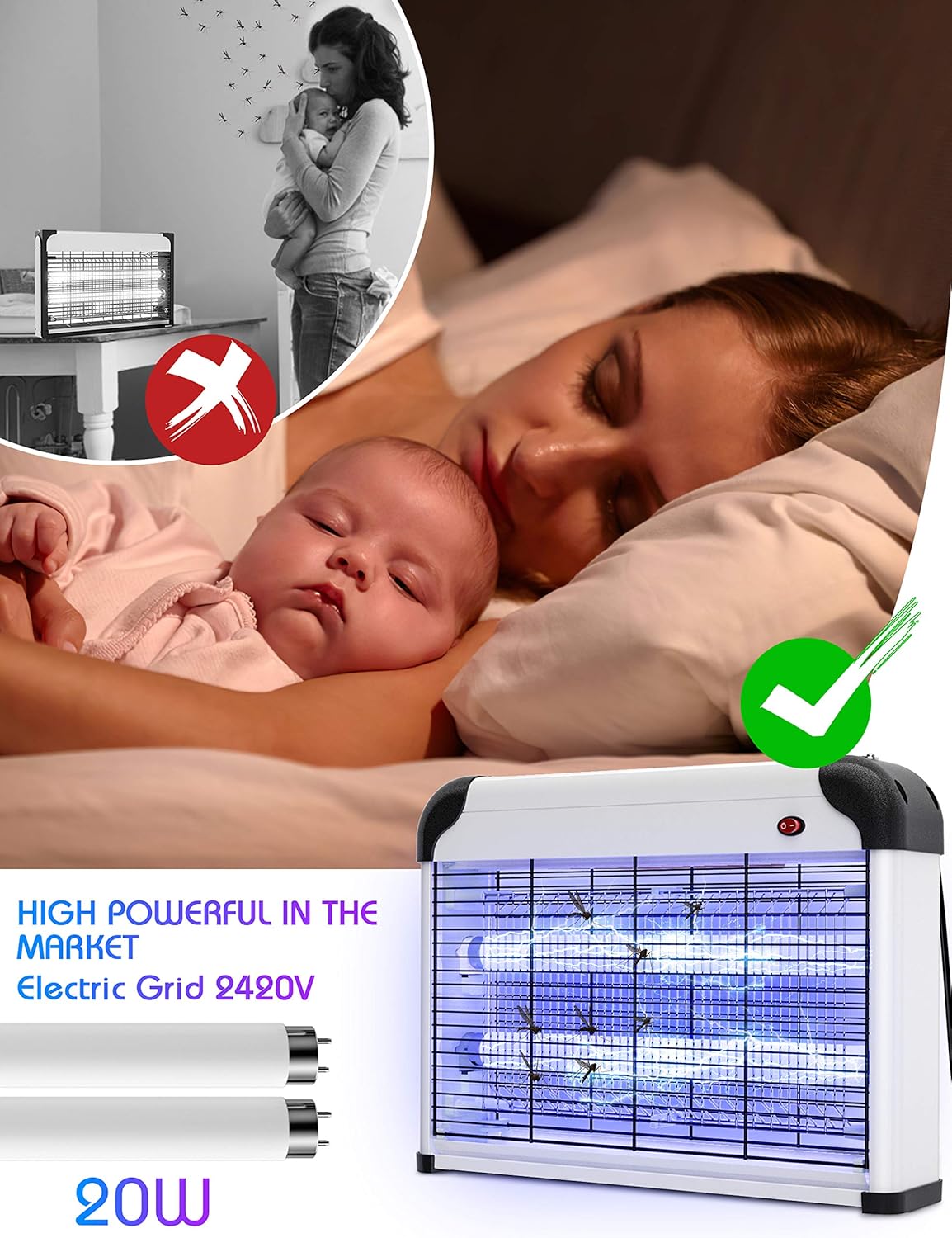 Electric Bug Zapper - 20W UV Mosquito Killer, 2800V Grid, Plug-in Hanging Indoor Insect Trap for Mosquitoes, Flies, Moths Image