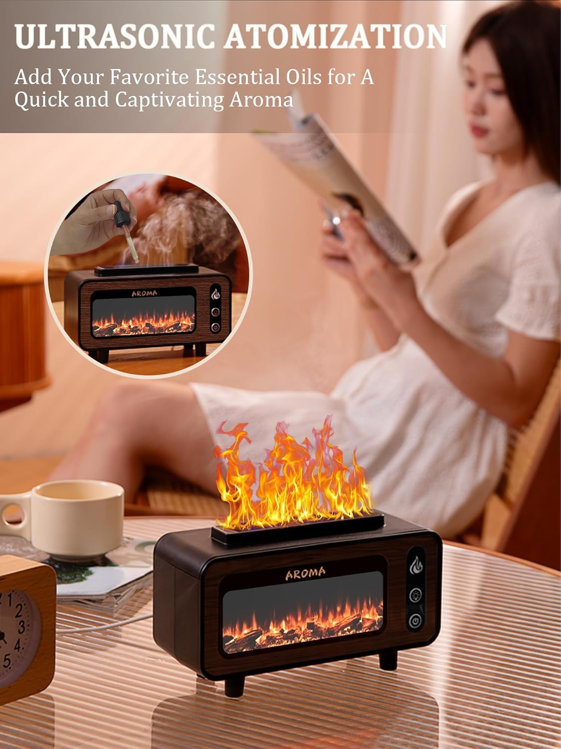 Wood Grain Fireplace Diffuser | 7-Color Flame Humidifier | Silent Auto Shut-Off Aroma Diffuser | Simulated Fire Light for Living Room, Bedroom Image