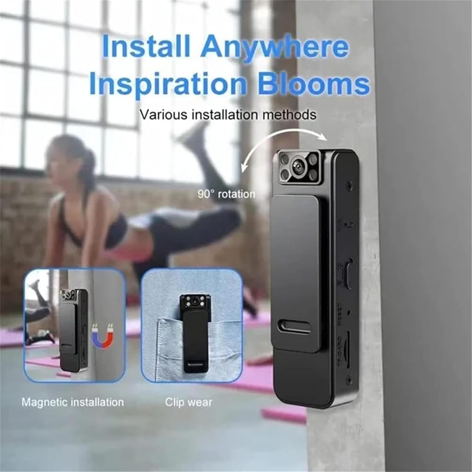 HD 1080p Noise Reduction Body Camera | Portable Body Worn Camera with Night Vision, WiFi, Audio/Video Recording, Back Clip, 180° Adjustable Angle Image