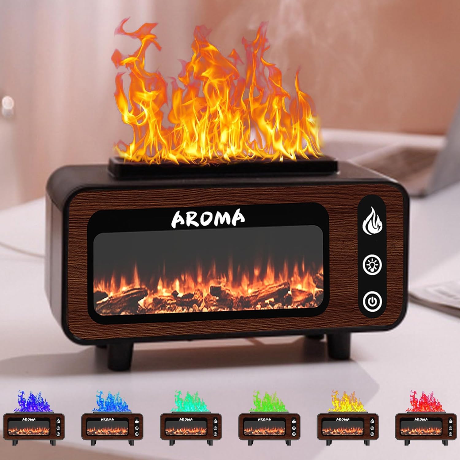 Wood Grain Fireplace Diffuser | 7-Color Flame Humidifier | Silent Auto Shut-Off Aroma Diffuser | Simulated Fire Light for Living Room, Bedroom Image
