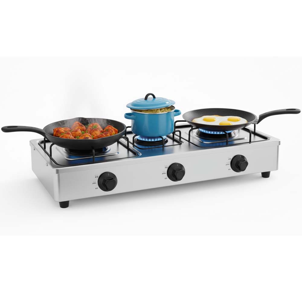OE-444 3-Burner Gas Stove. Stainless steel enamel body with auto ignition for efficient, powerful triple-burner cooking. Image