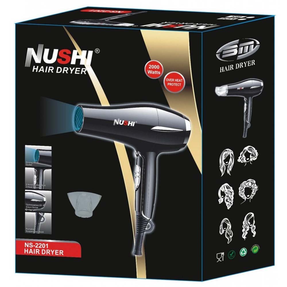 NUSHI NS-2201 Professional Hair Dryer. 2000W powerful motor for fast drying with ionic technology & multiple heat/speed settings. Image