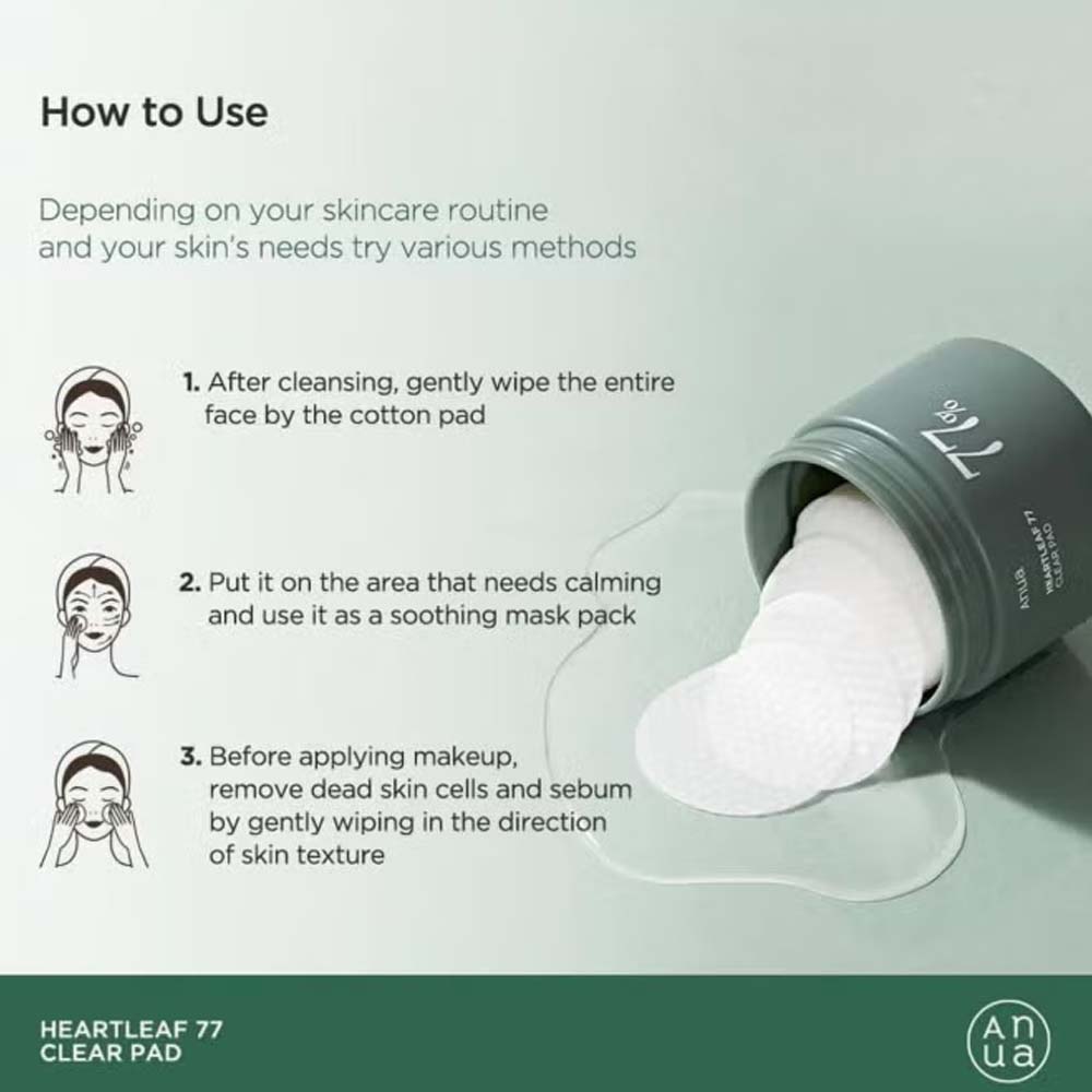 ANUA Heartleaf 77% Soothing Toner Pads. Gentle exfoliating & calming cotton pads for sensitive, troubled skin pads. Image