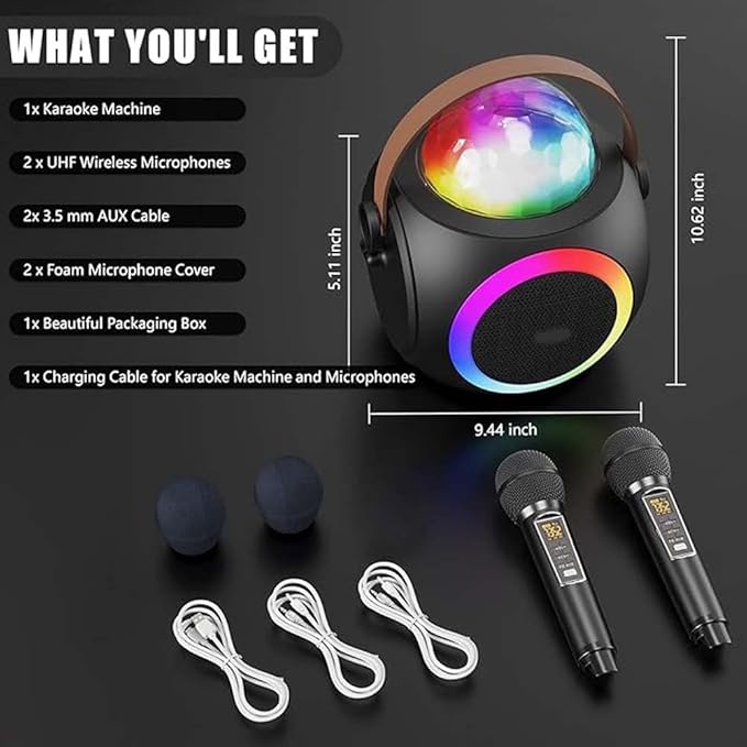 Karaoke Machine – Party-Ready Bluetooth Speaker with UHF Wireless Microphones and Disco Ball LED Lights Image