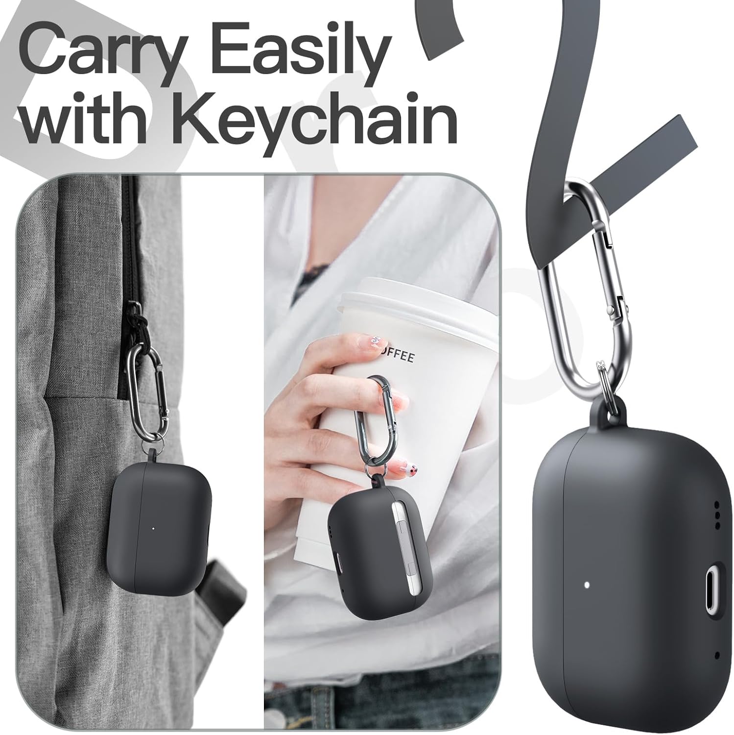 Silicone Case for AirPods Pro 2nd/1st Gen. Shockproof cover with keychain, hard PC interior & visible LED. 2023-2019 models. Image