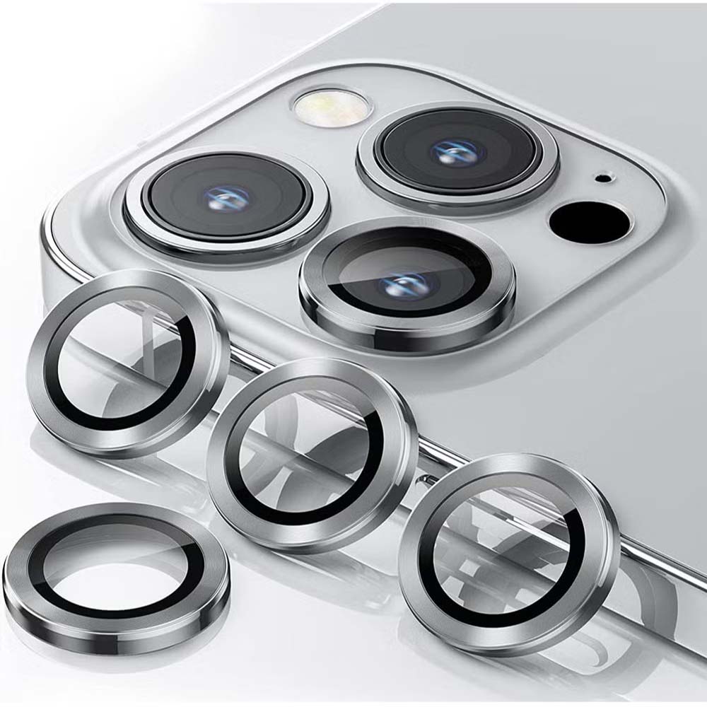 iPhone 14 Pro Max/15 Pro Camera Lens Protector - 3-Pack 9H Tempered Glass with Alloy Ring (Silver Titanium) Image