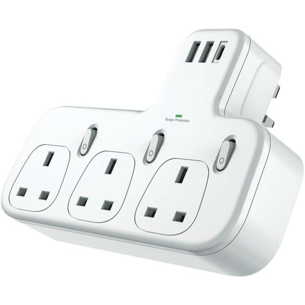 Dx871 Power Strip with 3 AC outlets, 2 USB ports & 1 PD port for fast charging. Compact modern design in white. Image