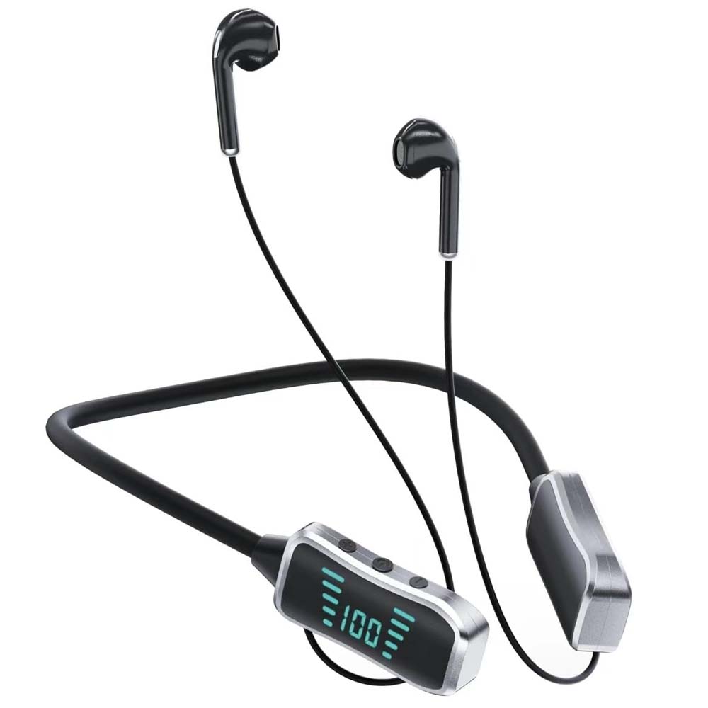 GHF-01 Wireless Neckband Headphones. 60hr playback, LED screen, deep bass, SD card mode & rainproof. Type-C charging. Image