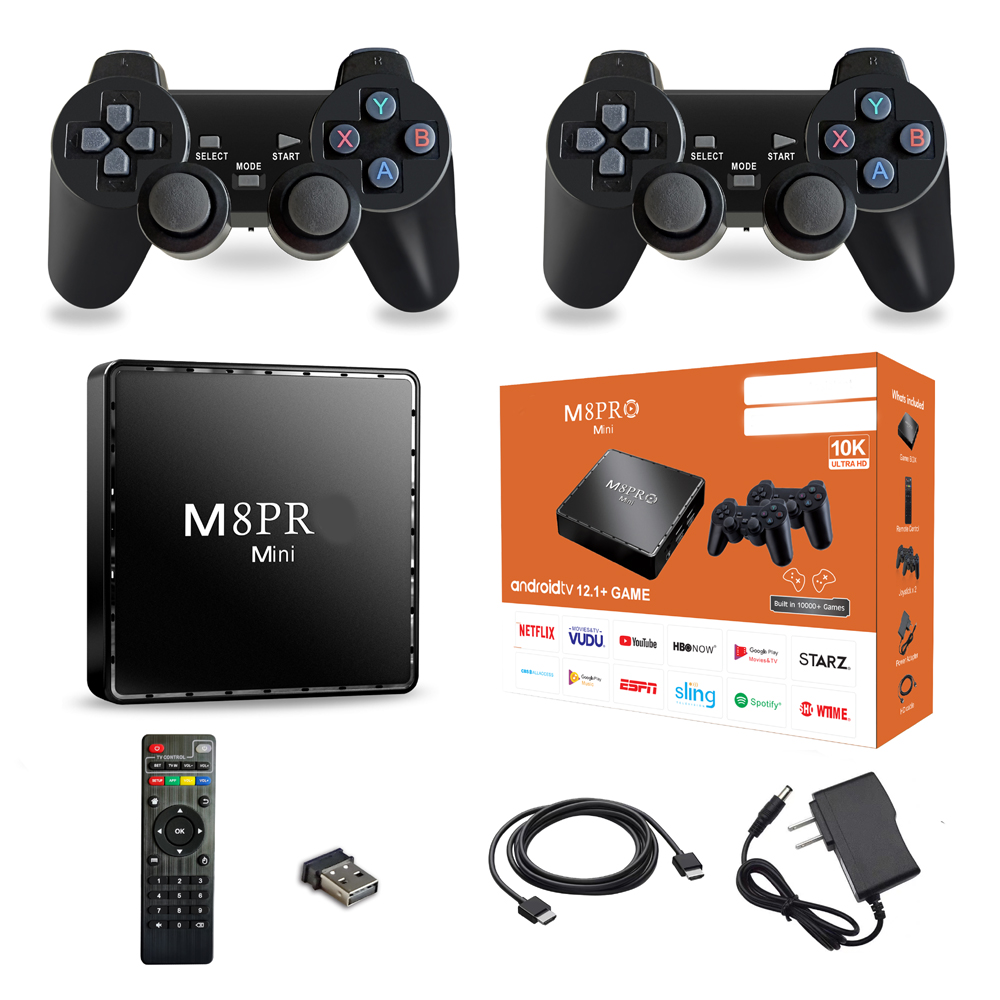 M8 Pro Mini Game TV Box – 64GB HD Retro Game Console with 2.4G Wireless Gamepad, Android 12 Dual System Set-Top Box Image