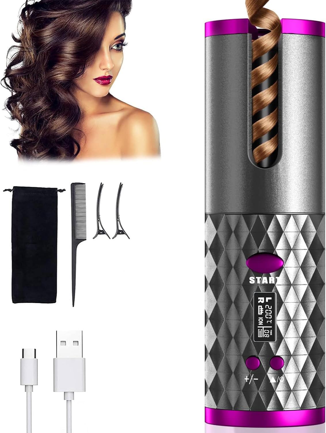 Cordless Hair Curler – Automatic Hair Curling Iron with Heatless Rotating Technology, 3 Temperature & Timer Settings Image