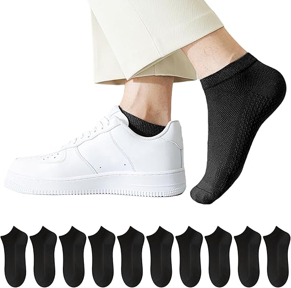 10 Pairs Men's Breathable Cotton Ankle Socks - Ultra Lightweight & Comfortable for All Seasons (Black) Image