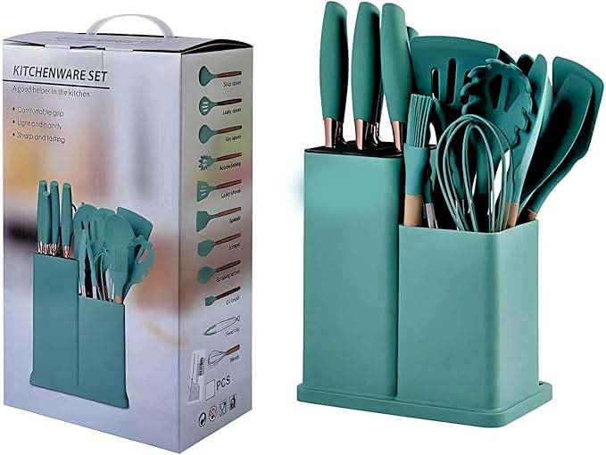 19-Piece Silicone Cooking Utensils & Knife Set with Block | Includes 11 Silicone Utensils, 5 Stainless Steel Knives, Scissors, Cutting Board | Teal Image