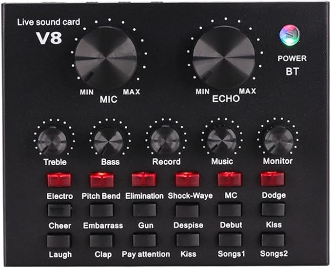 V8 Sound Card for Live Streaming | Voice Changer Sound Card with Effects | Bluetooth Audio Mixer for Music Recording, Karaoke, Podcasting | 1200mAh Battery for Cell Phone, iPhone, PC, Type-C Image