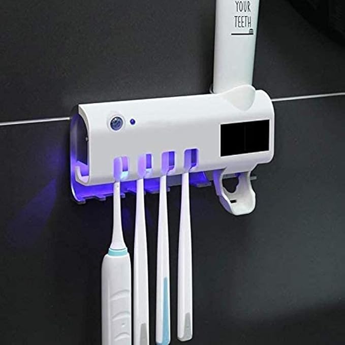 3-in-1 Intelligent Photosensitive Toothpaste Dispenser | Wall Mounted USB Rechargeable Solar Power Toothbrush Holder (White) Image