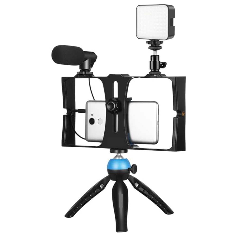 4-in-1 Vlogging Live Broadcast LED Selfie Fill Light Kit – Smartphone Video Rig with Microphone, Tripod Mount, and Cold Shoe Tripod Head - Blue Image