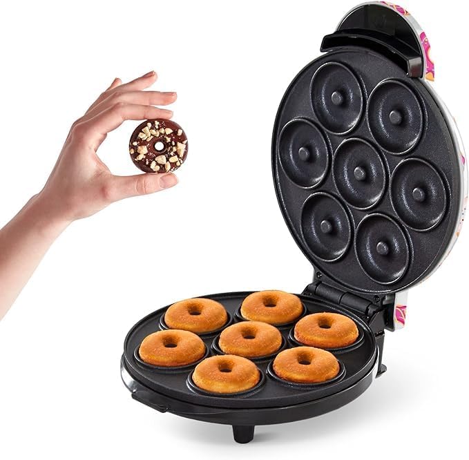 Mini Donut Maker Machine – Kid-Friendly Breakfast and Snack Maker with Non-Stick Surface, Delightful Donut Print Design, Makes 7 Doughnuts (Multi) Image
