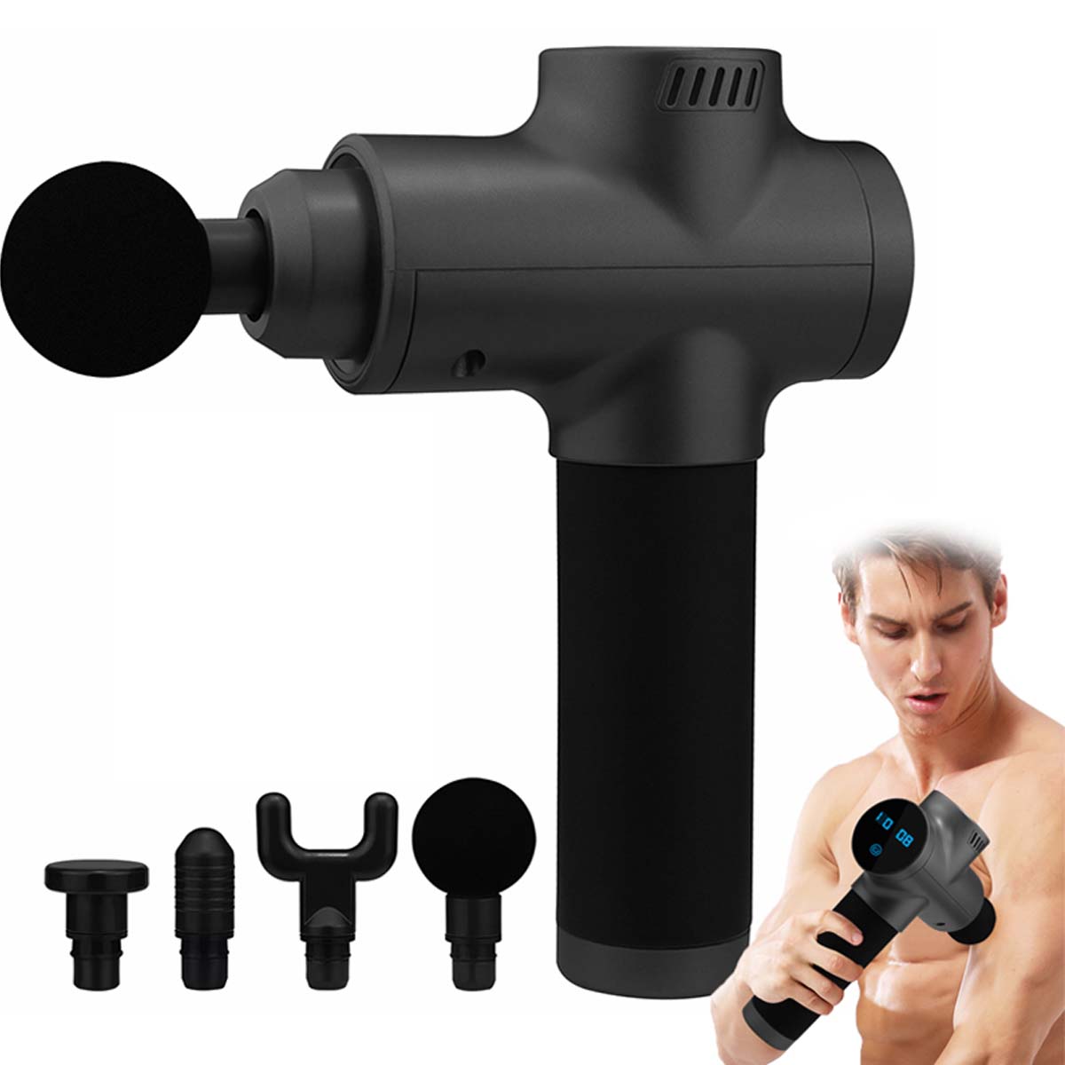Professional Fascial Massage Gun. 6-speed deep tissue massager with 4 heads for muscle pain relief. Rechargeable & handheld (Multi-Colour) Image