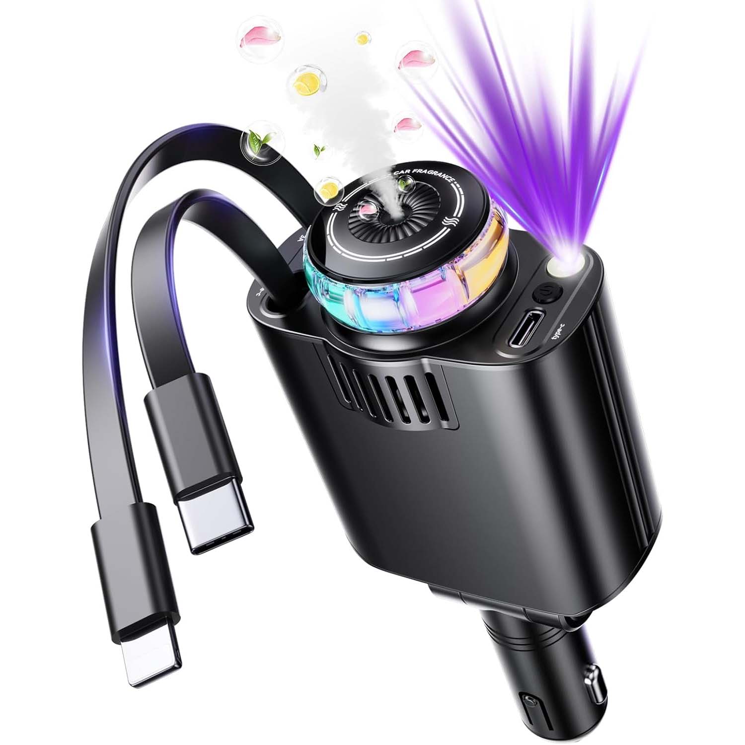 Luxury Retractable Car Charger with Aroma Therapy & Starlight Ambient Lighting. USB C adapter & car air freshener combo. Image