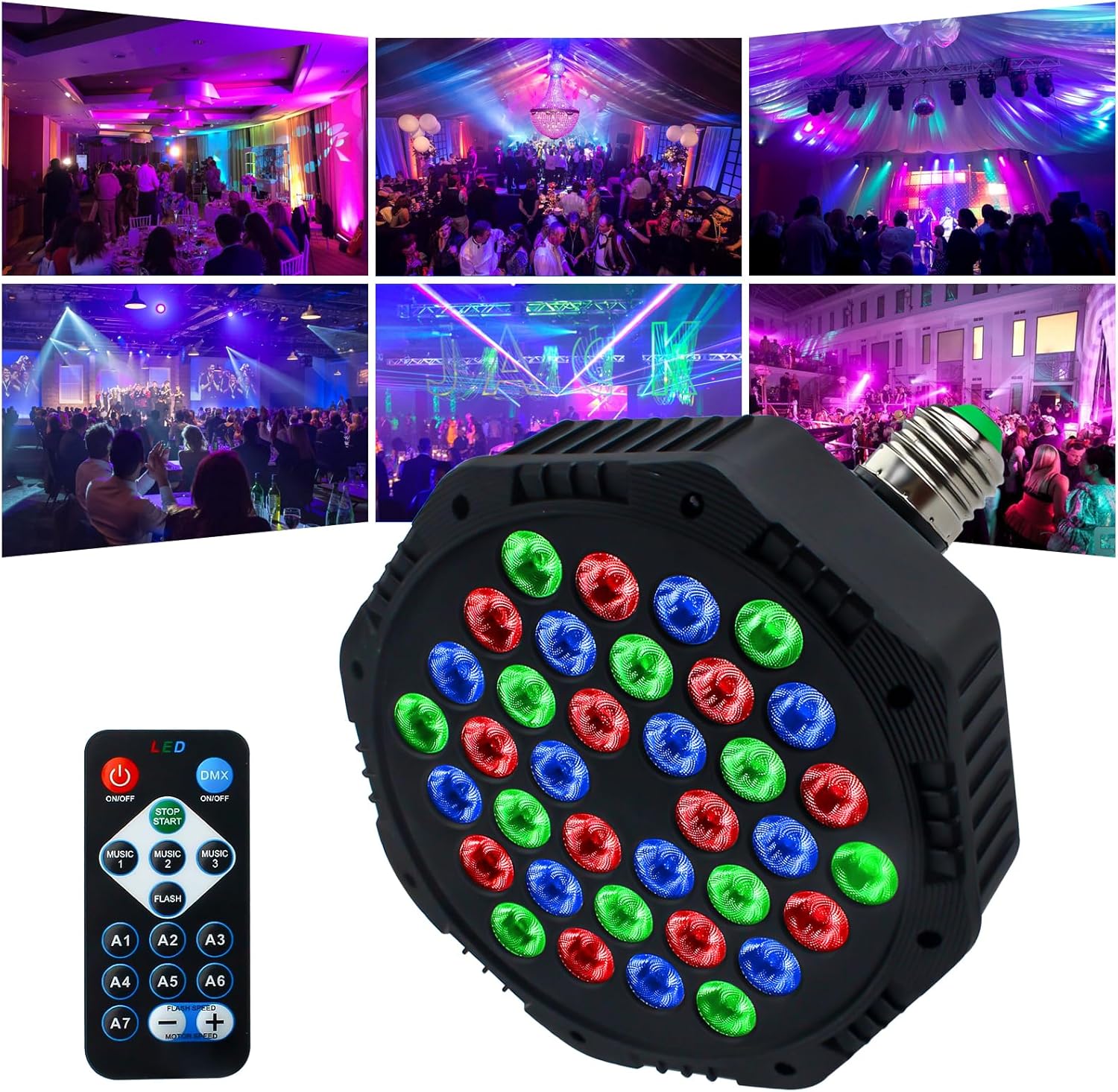36 LED E27 RGB Party Lights with Remote - 7 Color Modes for DJ, Stage, Halloween & Christmas Decor Image