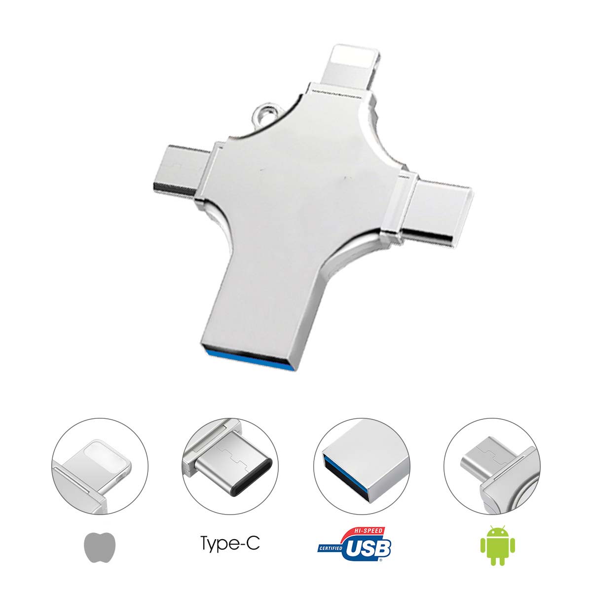 128 GB 4-in-1 USB 3.0 - Compatible with iPhone, Android, iPad, Mac, PC, Galaxy S, Windows | Fast USB A, USB C, Micro USB & iPhone Connector | High-Speed Thumb Drive, Jump Drive, Memory Stick, Portable Hard Drive Image