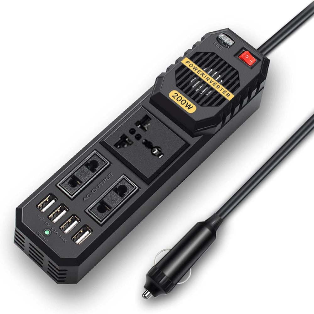 200W Car Power Inverter - DC 12V to AC 220V Converter with 2 AC Outlets, 4 USB Ports & Cigarette Lighter Socket Image