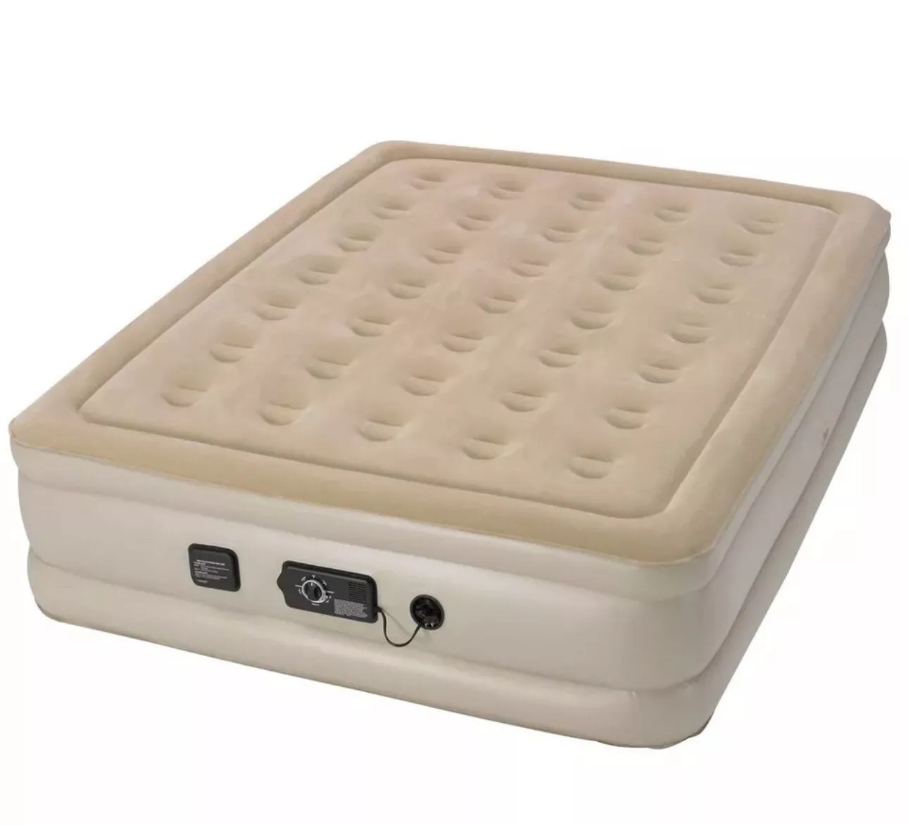Queen-Size Inflatable Mattress with Built-in Pump - Single chargeable Beige | Self-Inflating Double Height Air Bed with Adjustable Firmness | Dual Chamber Design, Built-in Nightlight, and USB Port | Raised Flocked Velour Surface for Full-Body Support | Includes Carry Bag Image